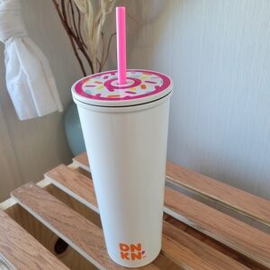 DNKN White Tumbler with Pink Straw